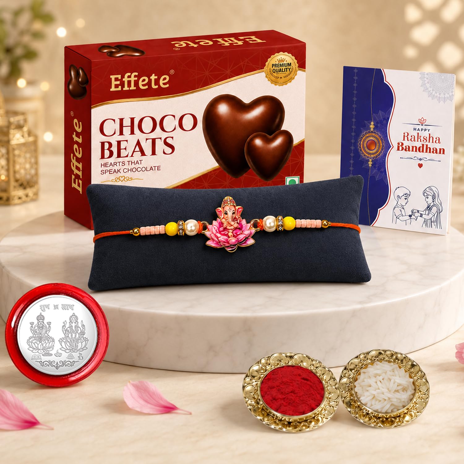 Ganesha Rakhi for Brother with Chocolate Beats 32gm, Roli Tikka & Card, Pack of 5