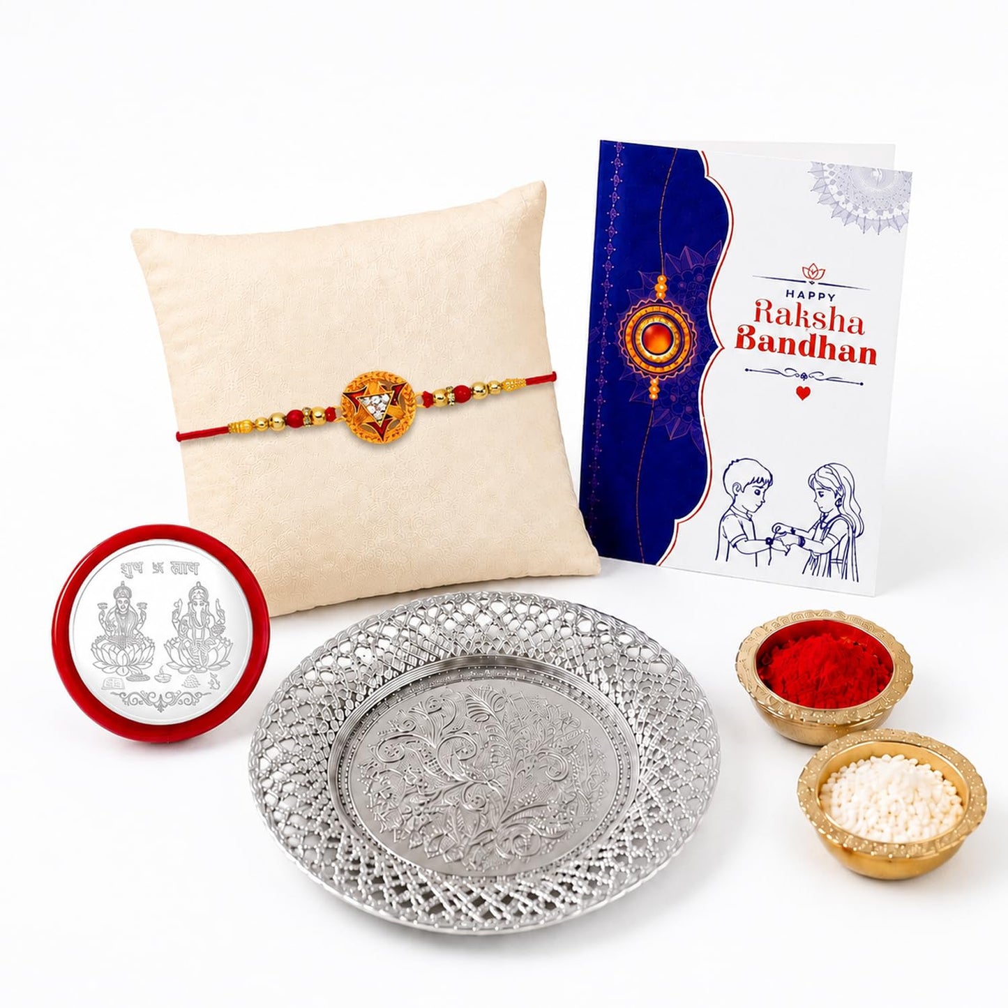 Rakhi with Silver Dish – Stylish Designer Rakhi with Silver Color Dish and Pooja