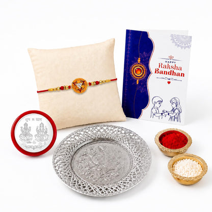 Rakhi with Silver Dish – Stylish Designer Rakhi with Silver Color Dish and Pooja