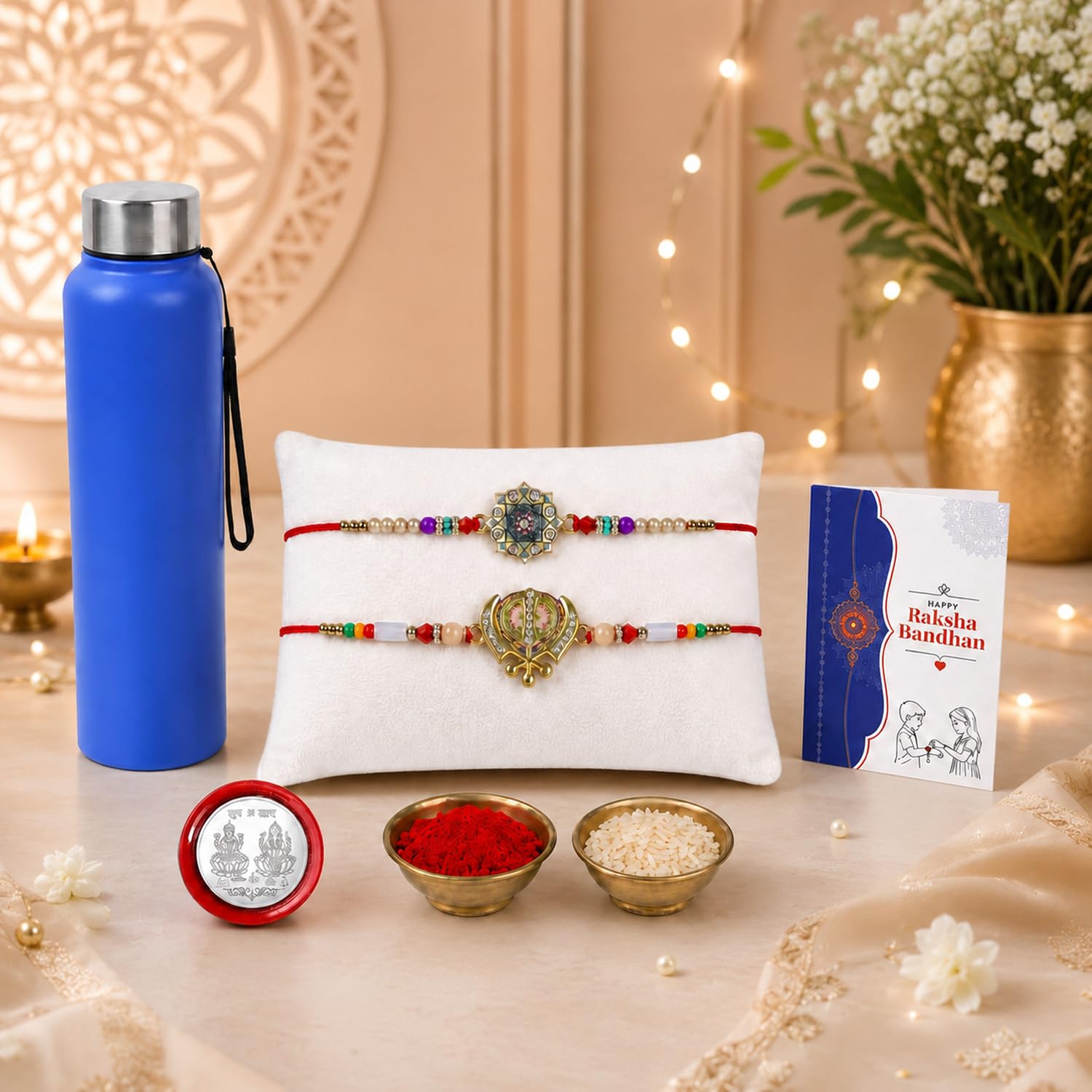 Round, Nishaan Sahab Multicolor Rakhi for Brother & Bhaiya with Stainless Steel