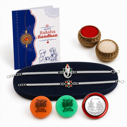 Rakhi Set for Brother (Set of 2) – Ganesha & Flower Bracelet Rakhi Combo with Roli Chawal, Silver Color Pooja Coin, Multicolour Magnets & Greeting Card – Raksha Bandhan Gift Hamper for Bhai
