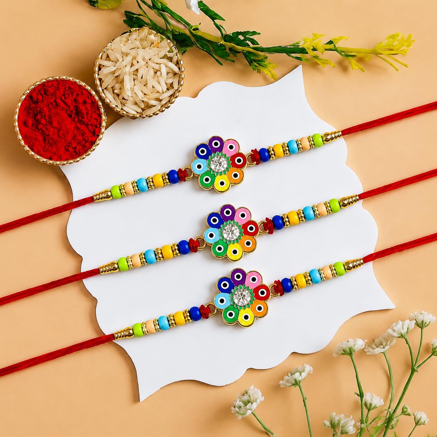 Designer Elegant Rakhi for Brother with Roli Tikka & Card, Pack of 3 | Trendy