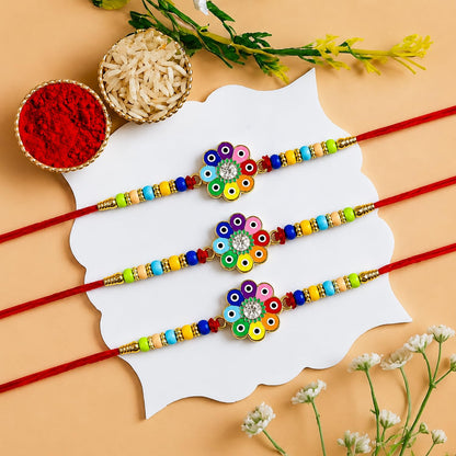 Designer Elegant Rakhi for Brother with Roli Tikka & Card, Pack of 3 | Trendy
