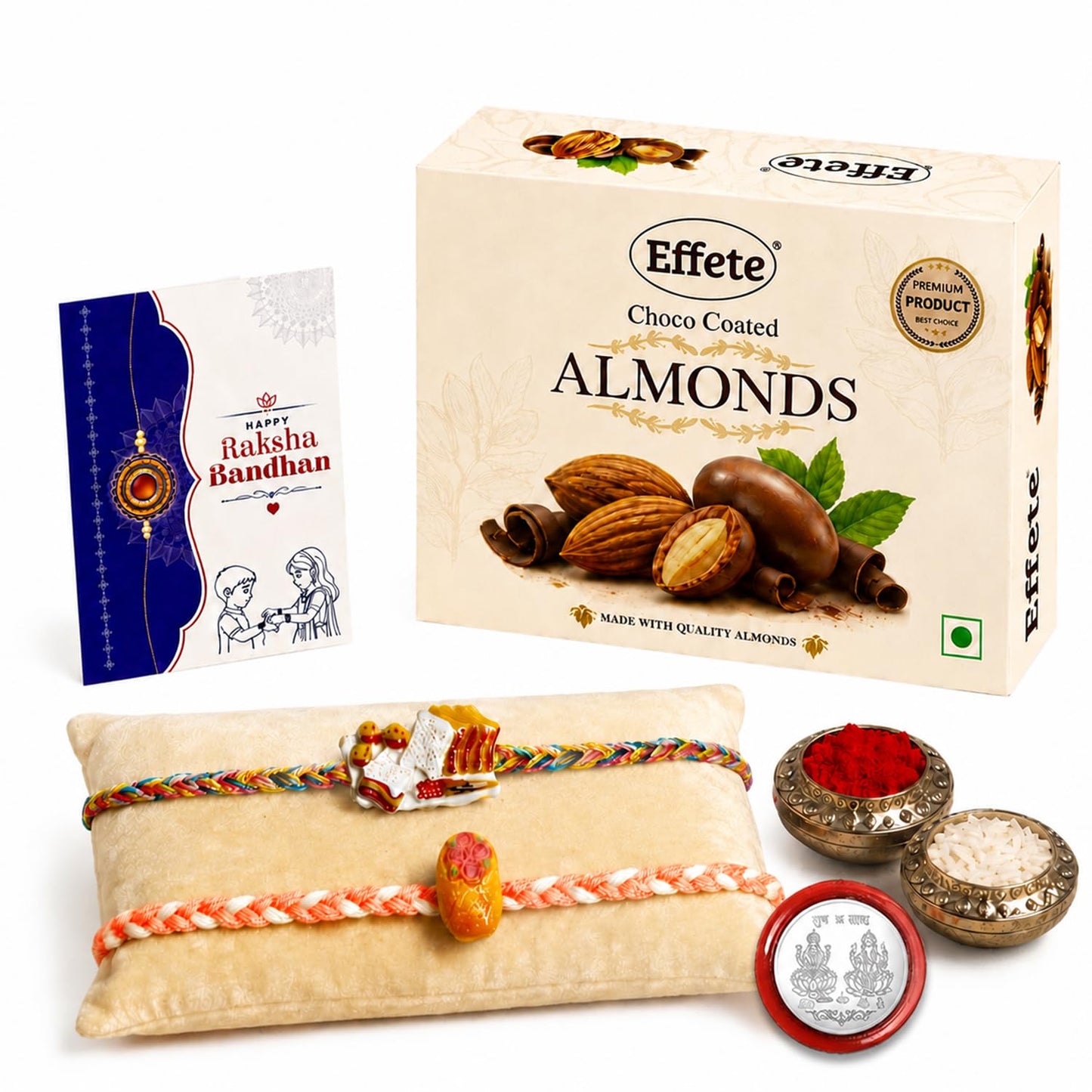 Designer Rakhi for Brother with Choco Almonds 32gm, Roli Tikka & Card, Pack of 6