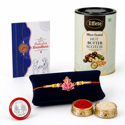 Ganesha Rakhi for Brother with Butter Scotch 96gm, Roli Tikka & Card | Pack of 5