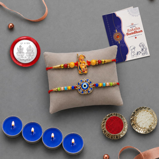 Ganesha, Evil Eye Rakhi Combo - Raksha Bandhan Gift with Tealight Candles 4pcs, Pack of 6