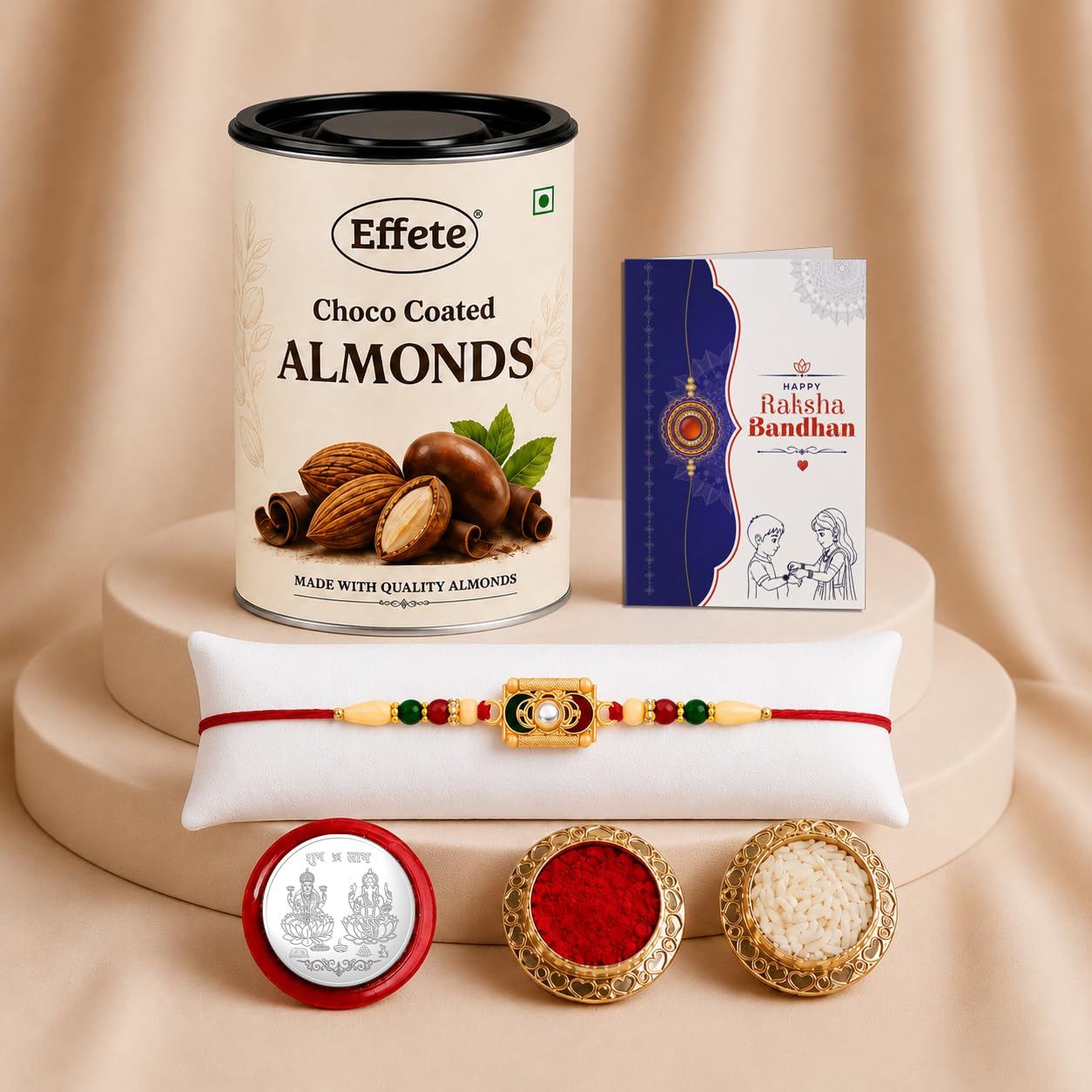 Rectangle Rakhi for Brother with Choco Almonds 96gm, Roli Tikka & Card, Pack of 5