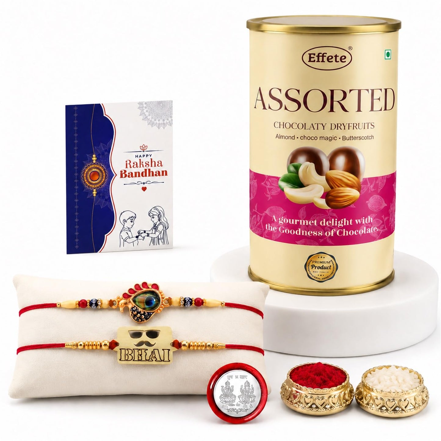 Designer Rakhi for Brother with Emperor Chocolate, Roli Tikka & Card, Pack of 6