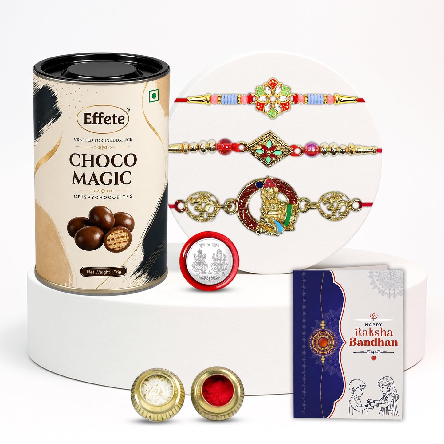Flower Rakhi for Brother with Chocolate Magic 96gm, Roli Tikka & Card, Pack of 7