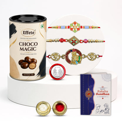 Flower Rakhi for Brother with Chocolate Magic 96gm, Roli Tikka & Card, Pack of 7