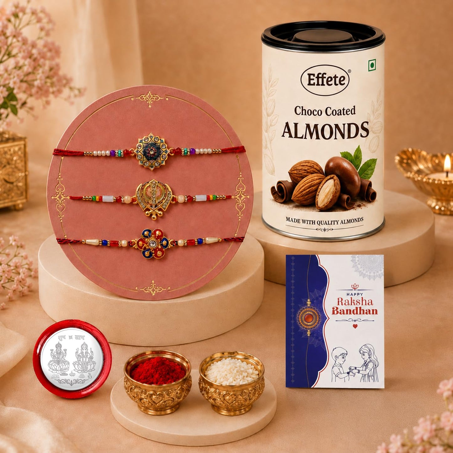 Round Rakhi for Brother with Chocolate 96gm - Raksha Bandhan Gift Set, Pack of 7