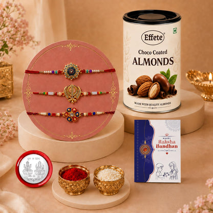 Round Rakhi for Brother with Chocolate Almonds 96gm, Roli Tikka & Card, Pack of 7