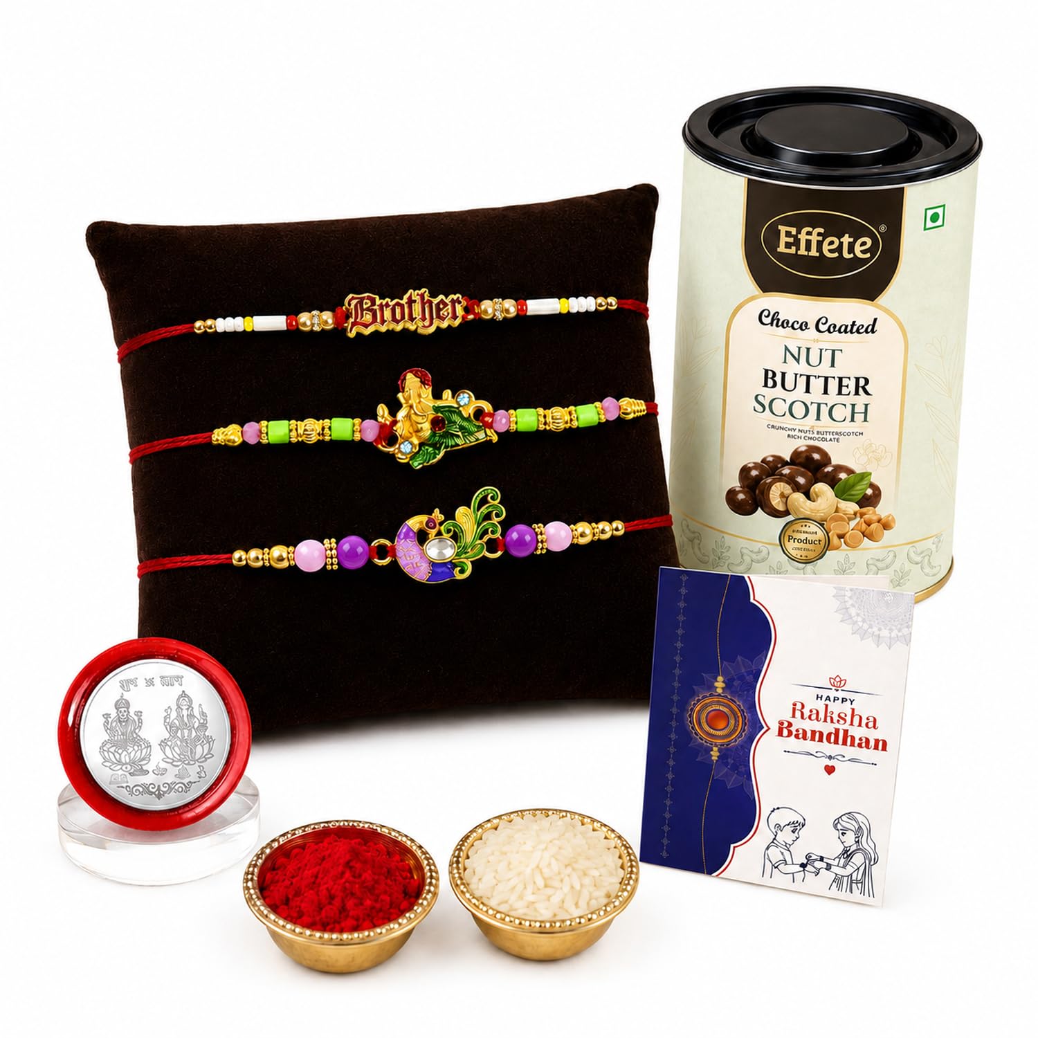 Rakhi with Chocolate for Brother (Set of 7) – Raksha Bandhan Festival Celebration Combo with Kids Brother, Leaf & Bird Shape Rakhi, Chocolate, Roli Chawal, Silver Color Coin & Greeting Card