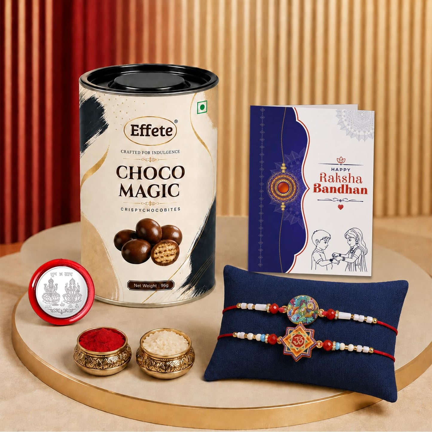 Designer Rakhi for Brother with Choco Magic 96gm, Coin & Card, Pack of 6 | Divine