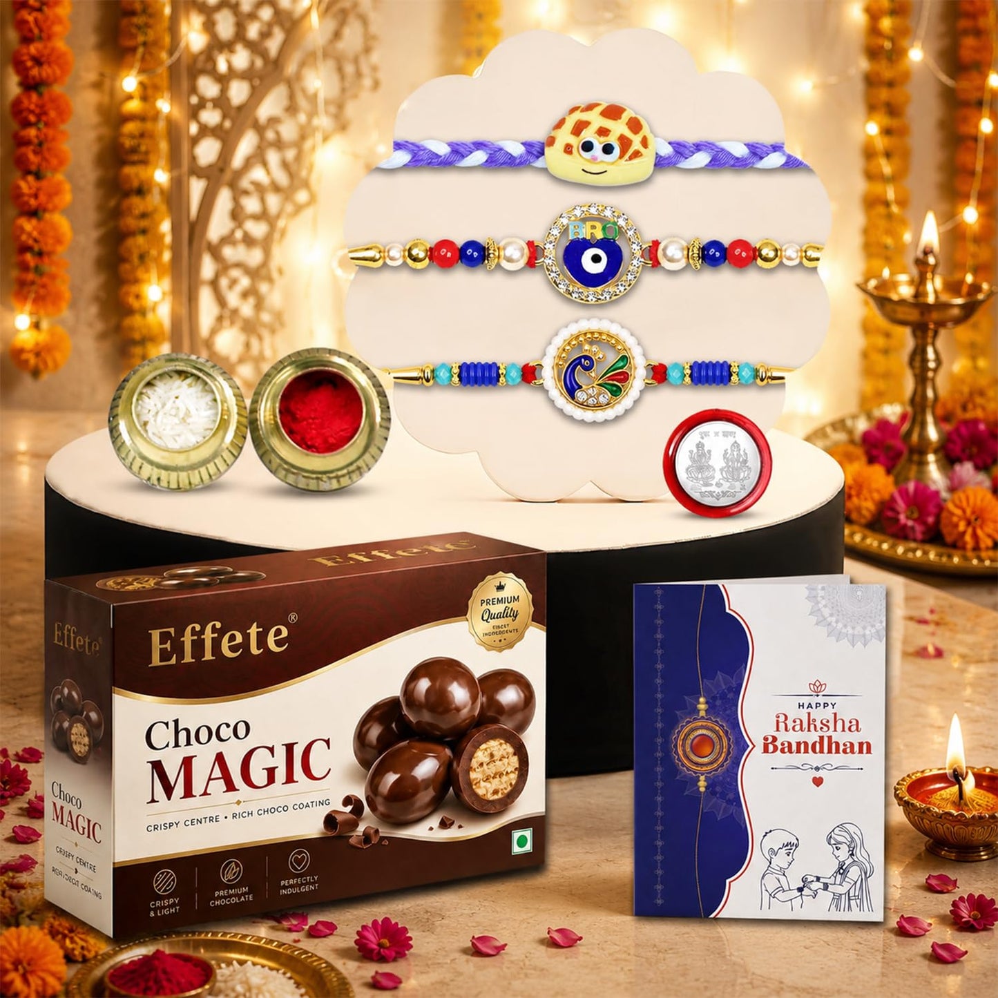 Waffle Charm Rakhi for Brother with Chocolate Magic 96gm, Coin & Card, Pack of 7