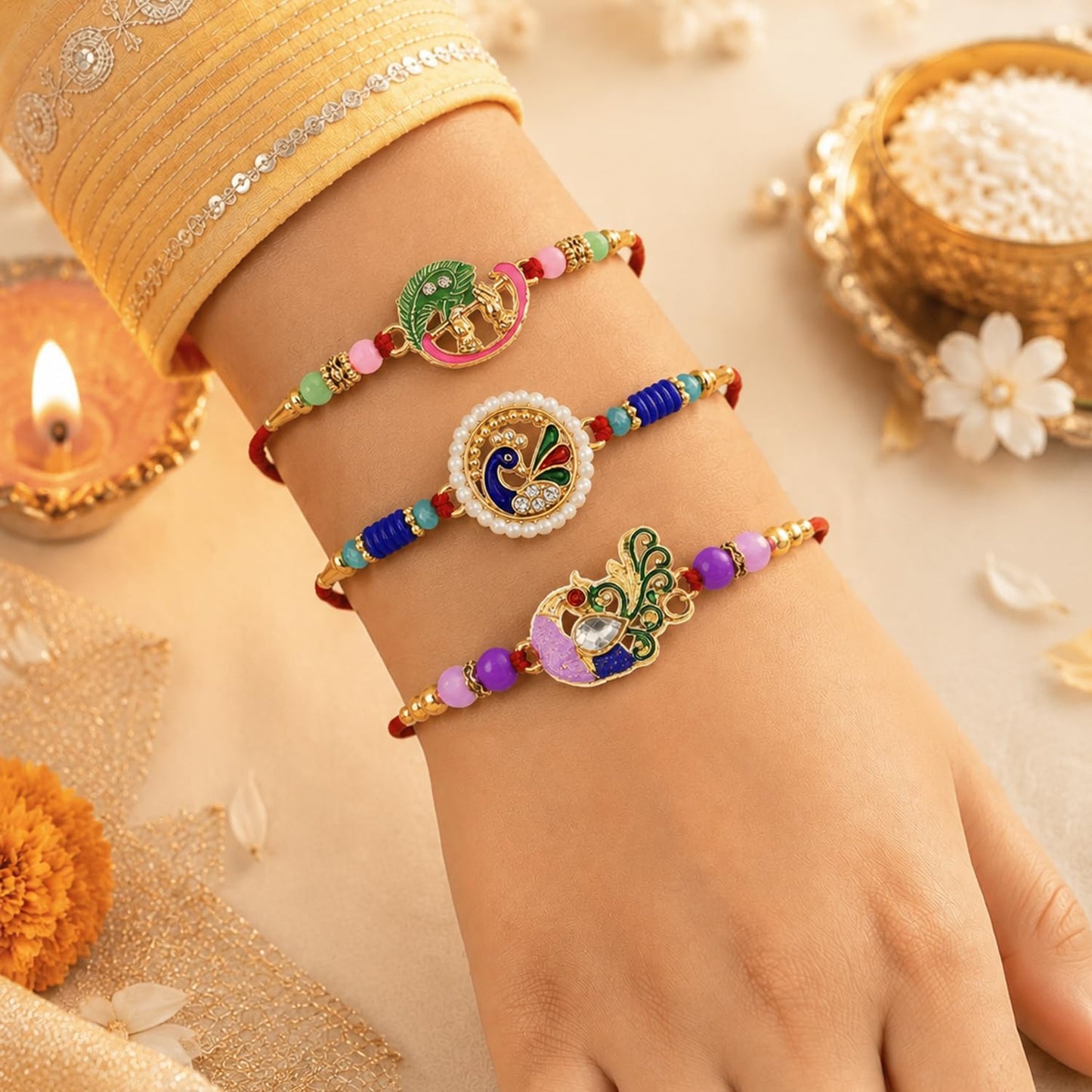 Designer Stylish Multicolor Krishna Rakhi for Brother with Roli Tikka, Pack of 6