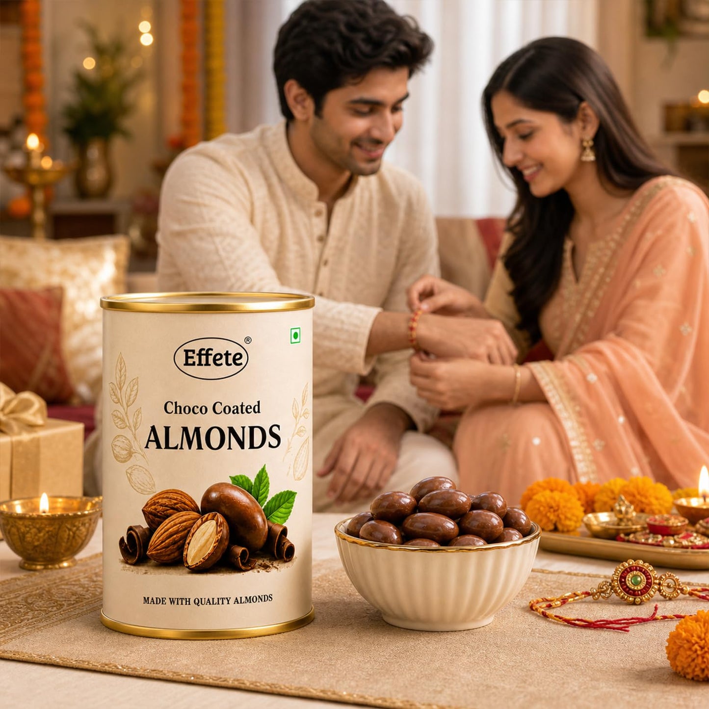 Floral Charm Rakhi for Brother with Choco Almonds 96gm, Coin & Card, Pack of 6
