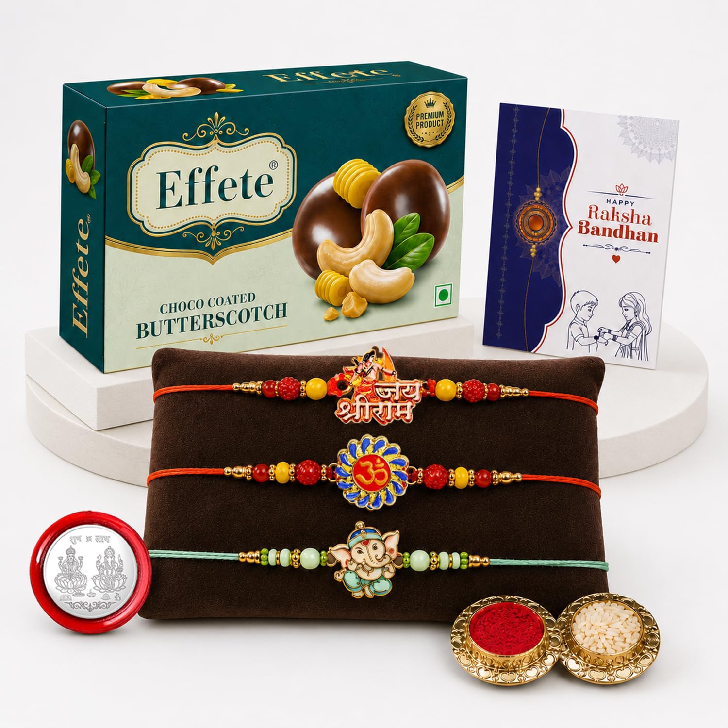 Jai Shree Ram Rakhi for Brother with Butter Scotch 32gm, Coin & Card, Pack of 7