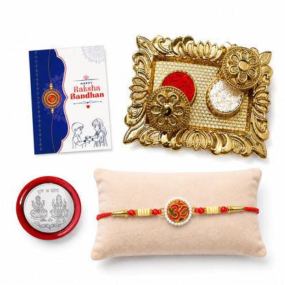 Om Rakhi for Brother with Pooja Thali, Roli Tikka, Pooja Coin & Card, Pack of 5
