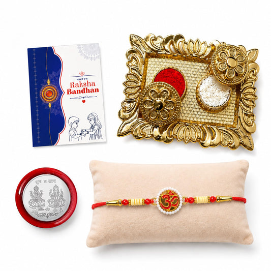 Om Rakhi for Brother with Pooja Thali, Roli Tikka, Pooja Coin & Card, Pack of 5