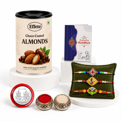 Evil Eye, OM, Krishna Rakhi Combo - Raksha Bandhan Gift with Choco Almonds 96gm, Pack of 7
