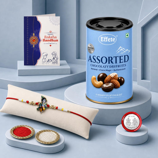Krishna Rakhi for Brother with Choco Dryfruits 96gm, Roli Tikka & Card, Pack of 5