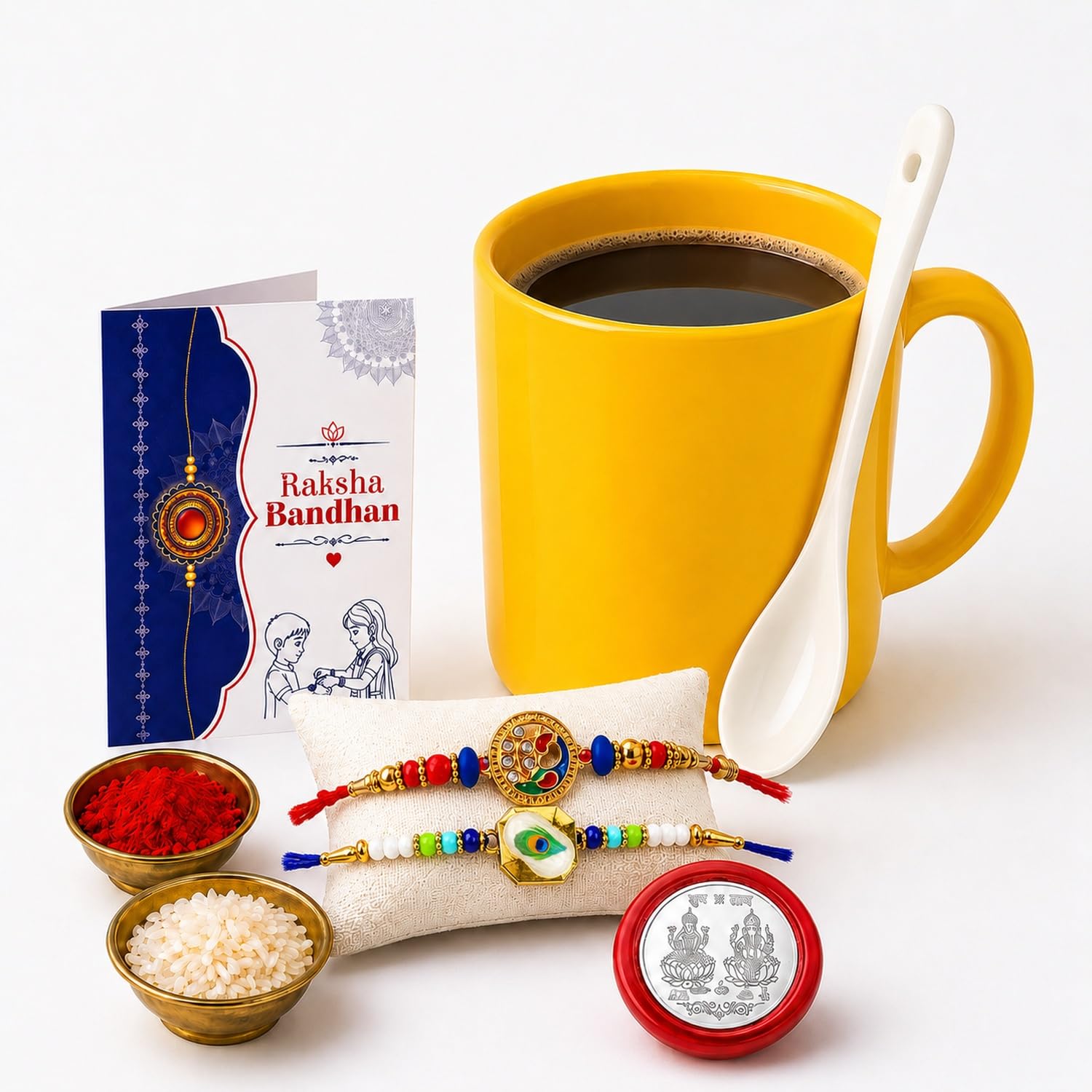 Multicolor Rakhi & Coffee Mug – Raksha Bandhan Gift Combo for Bhai Set (Pack of 6)