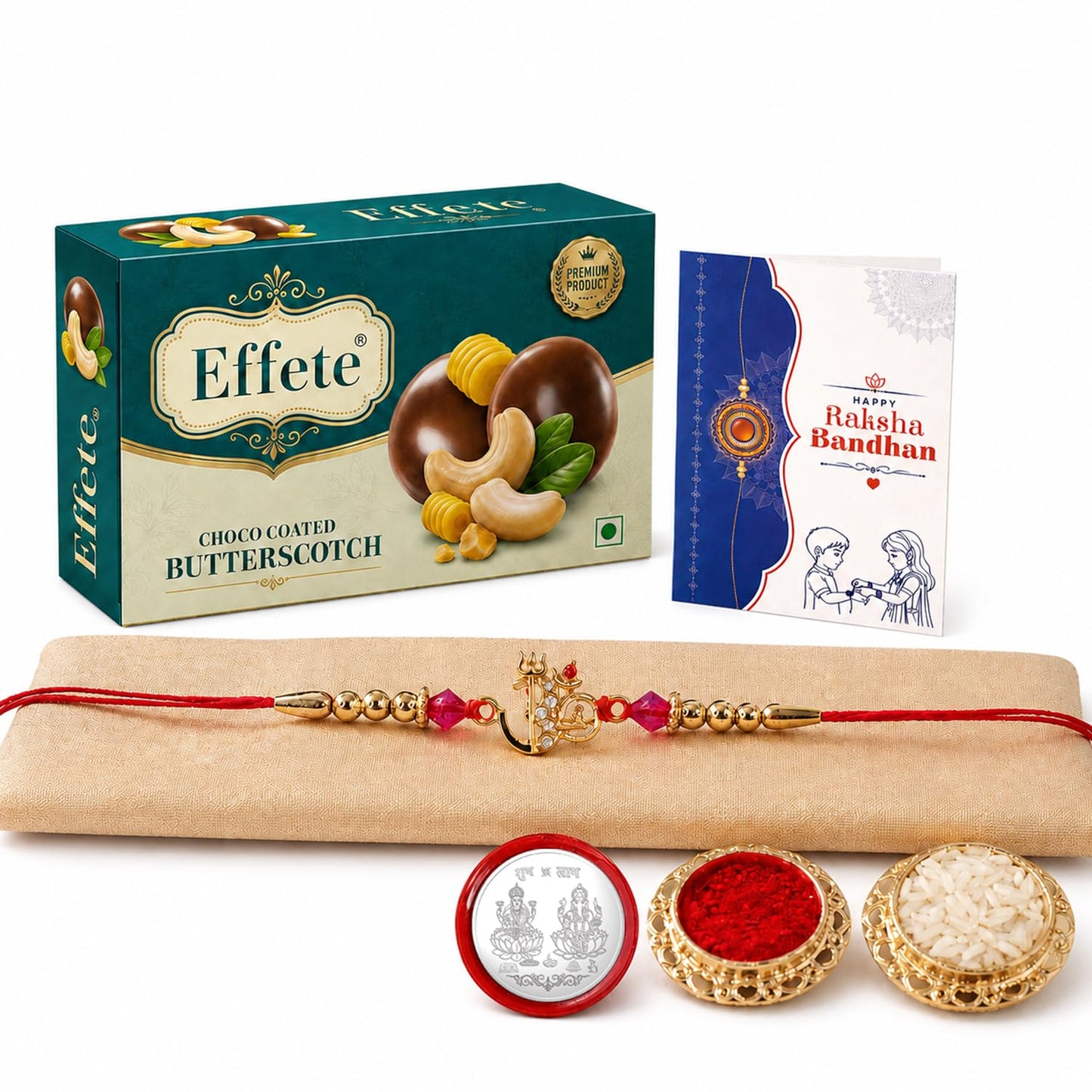 Om with Trishul Rakhi for Brother with Butter Scotch 32gm, Coin & Card, Pack of 5