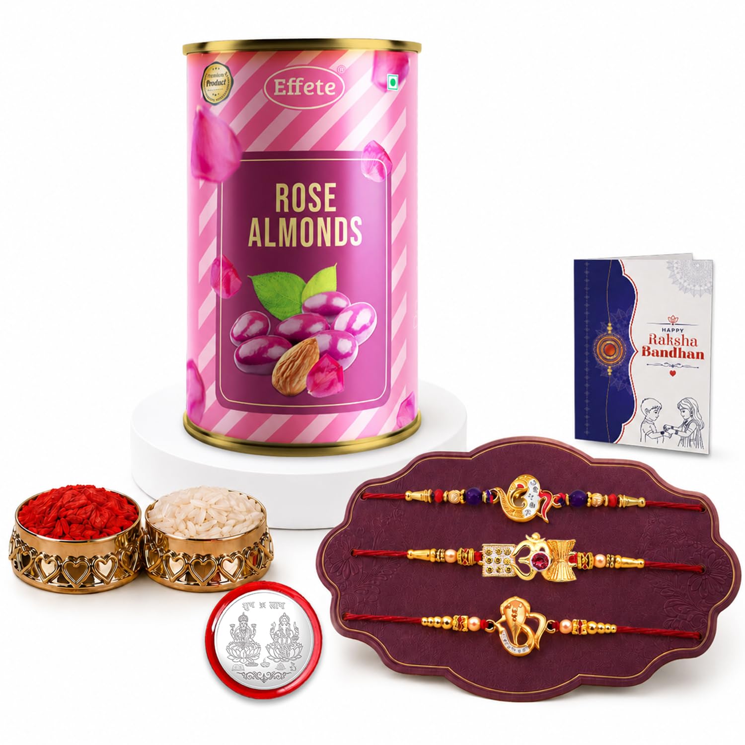 OM Damru Rakhi for Brother with Rose Almond - Raksha Bandhan Gift Set, Pack of 7