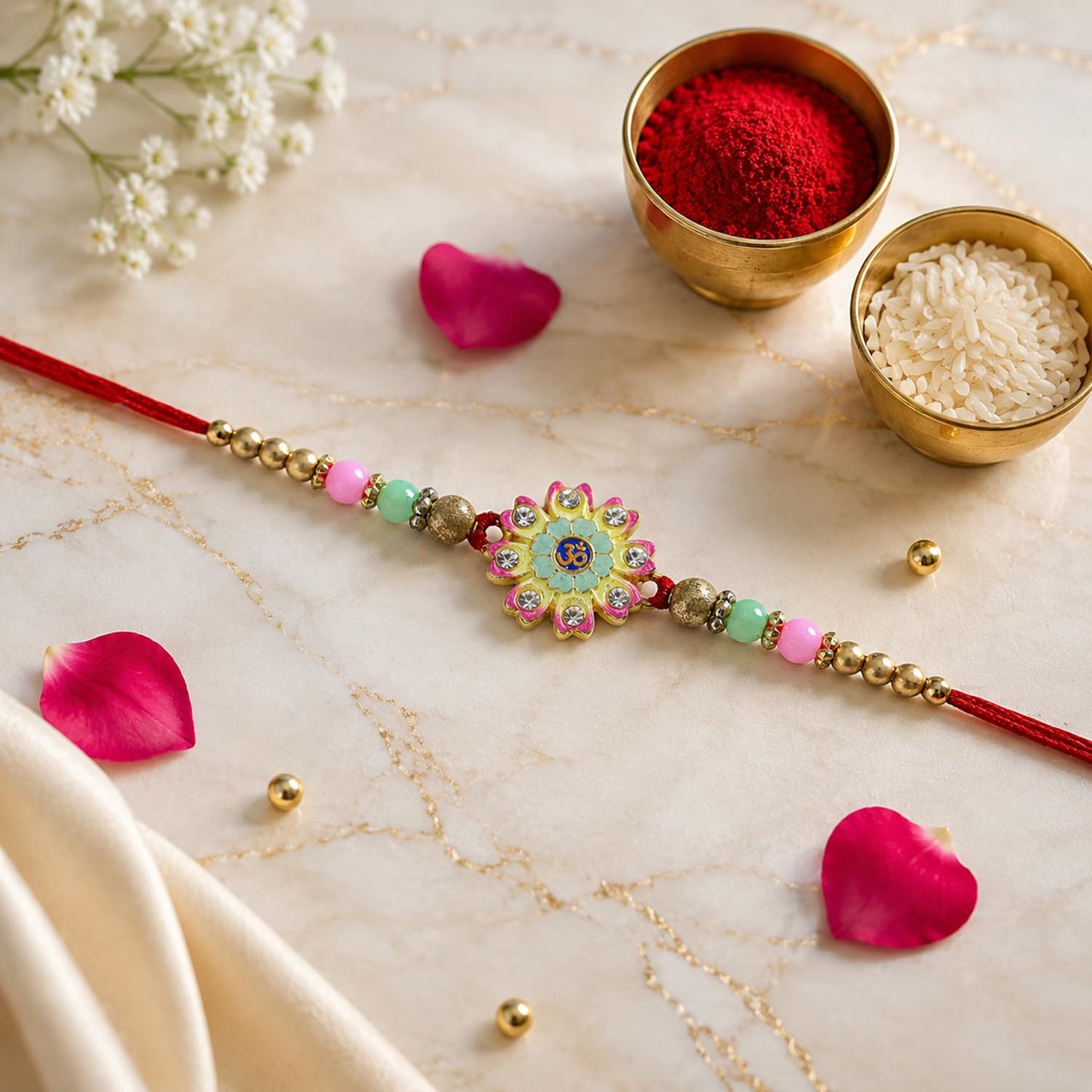 Floral Rakhi for Brother with Choco Almonds 32gm, Roli Tikka & Card, Pack of 7