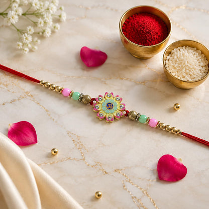 Floral Rakhi for Brother with Choco Almonds 32gm, Roli Tikka & Card, Pack of 7