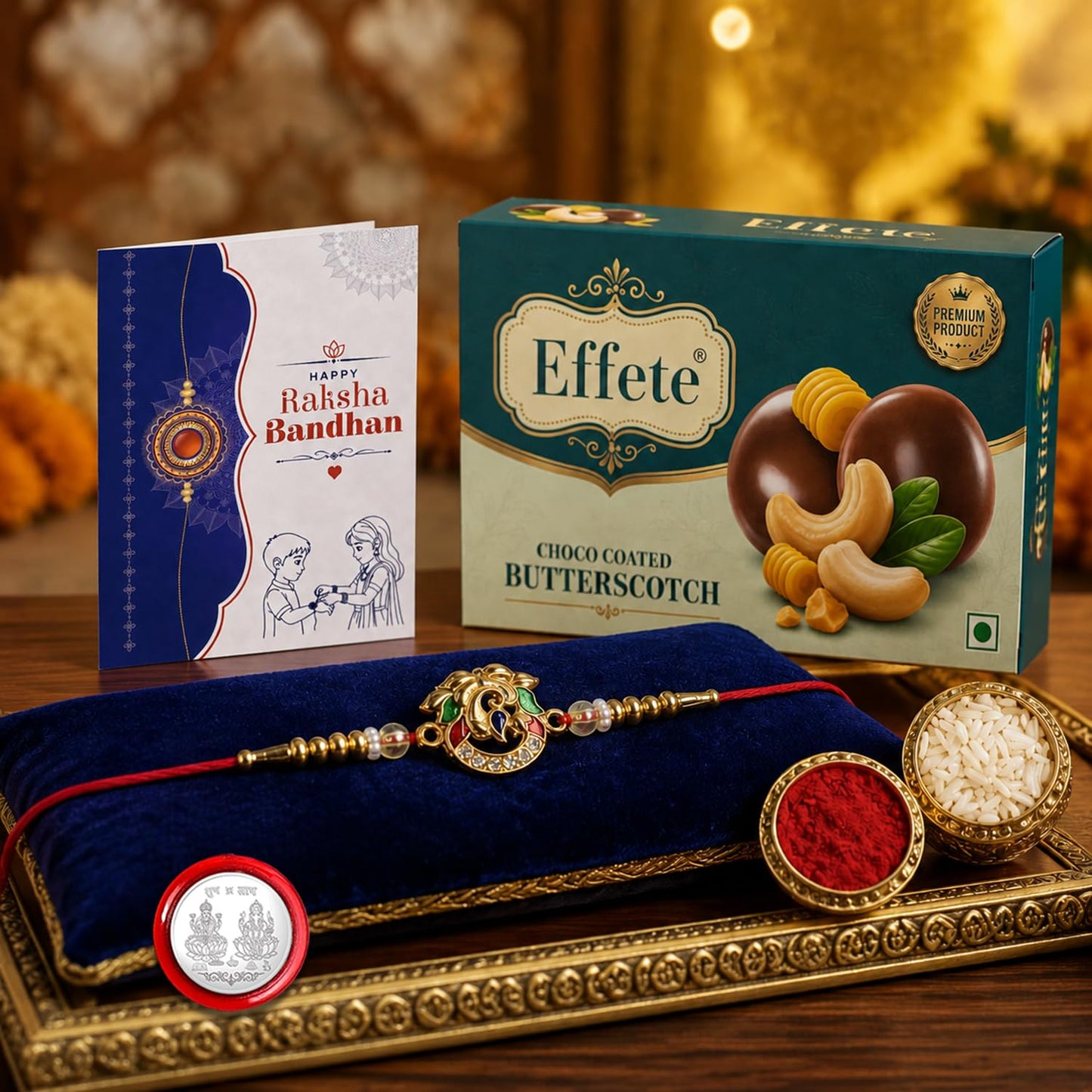 Rakhi with Chocolate for Brother – Raksha Bandhan Combo with Stylish Design Rakhi, Chocolate, Roli Chawal, Silver Color Coin & Greeting Card – Traditional Festival Celebration (Set of 5)