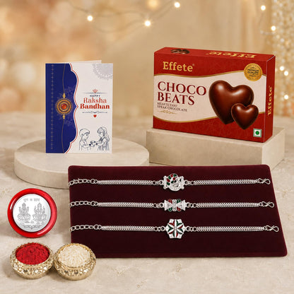 Peacock Rakhi for Brother with Choco Beats 32gm, Roli Tikka & Card - Pack of 7