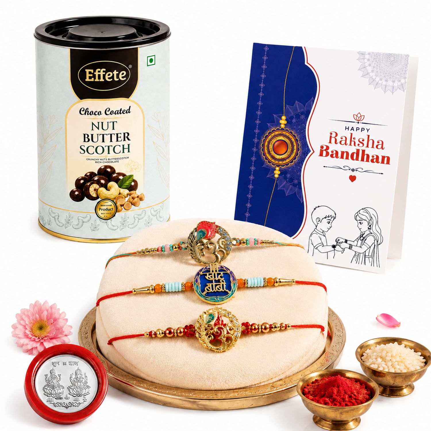 Om Rakhi for Brother with Butter Scotch 96gm, Roli Tikka & Card - Pack of 7