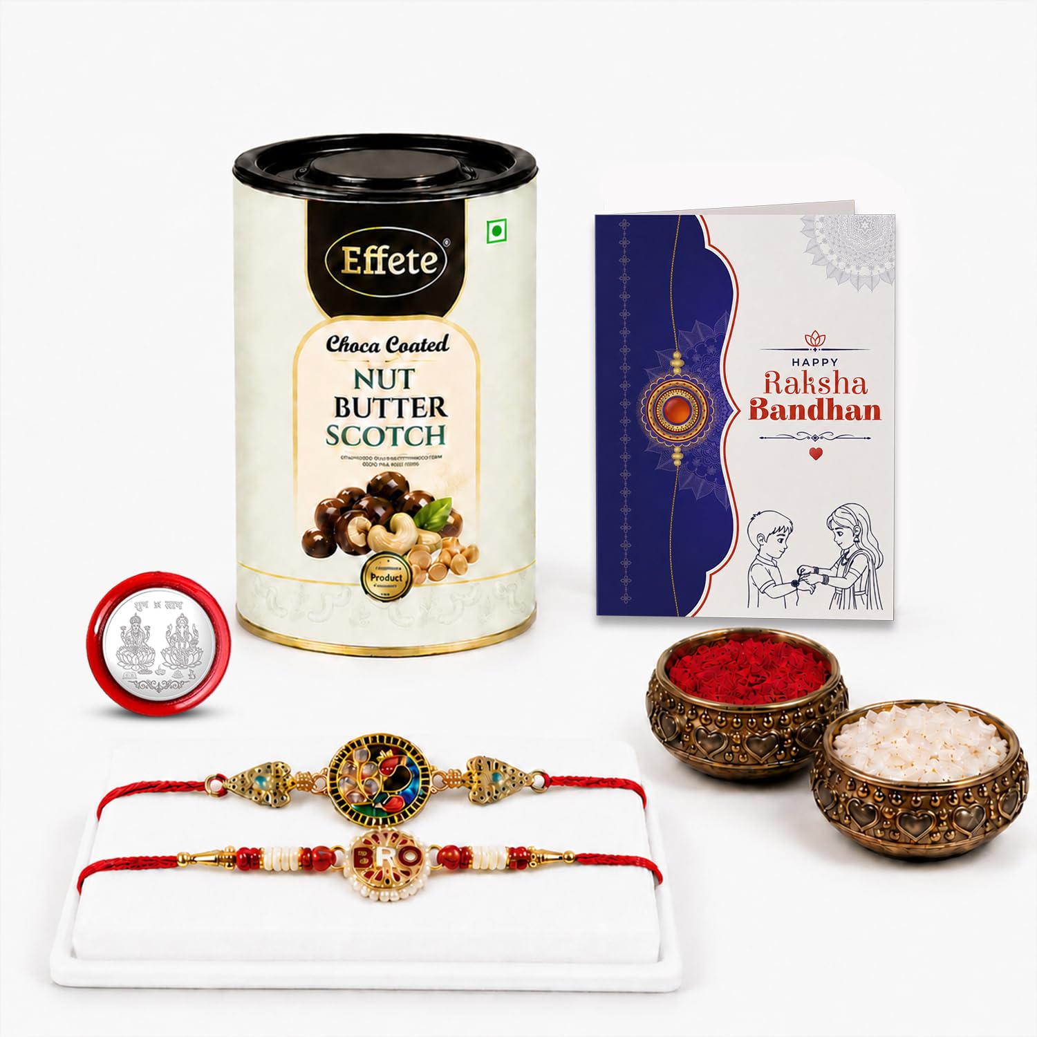 Peacock Rakhi for Brother with Butter Scotch 96gm, Roli Tikka & Card | Pack of 6