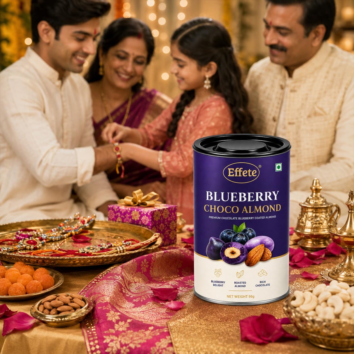 Ram Rakhi for Brother with Blueberry Almond 96gm, Roli Tikka & Card, Pack of 5