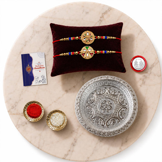 Round Multicolor Rakhi for Brother & Bhaiya with Silver Color Pooja | Pack of 6
