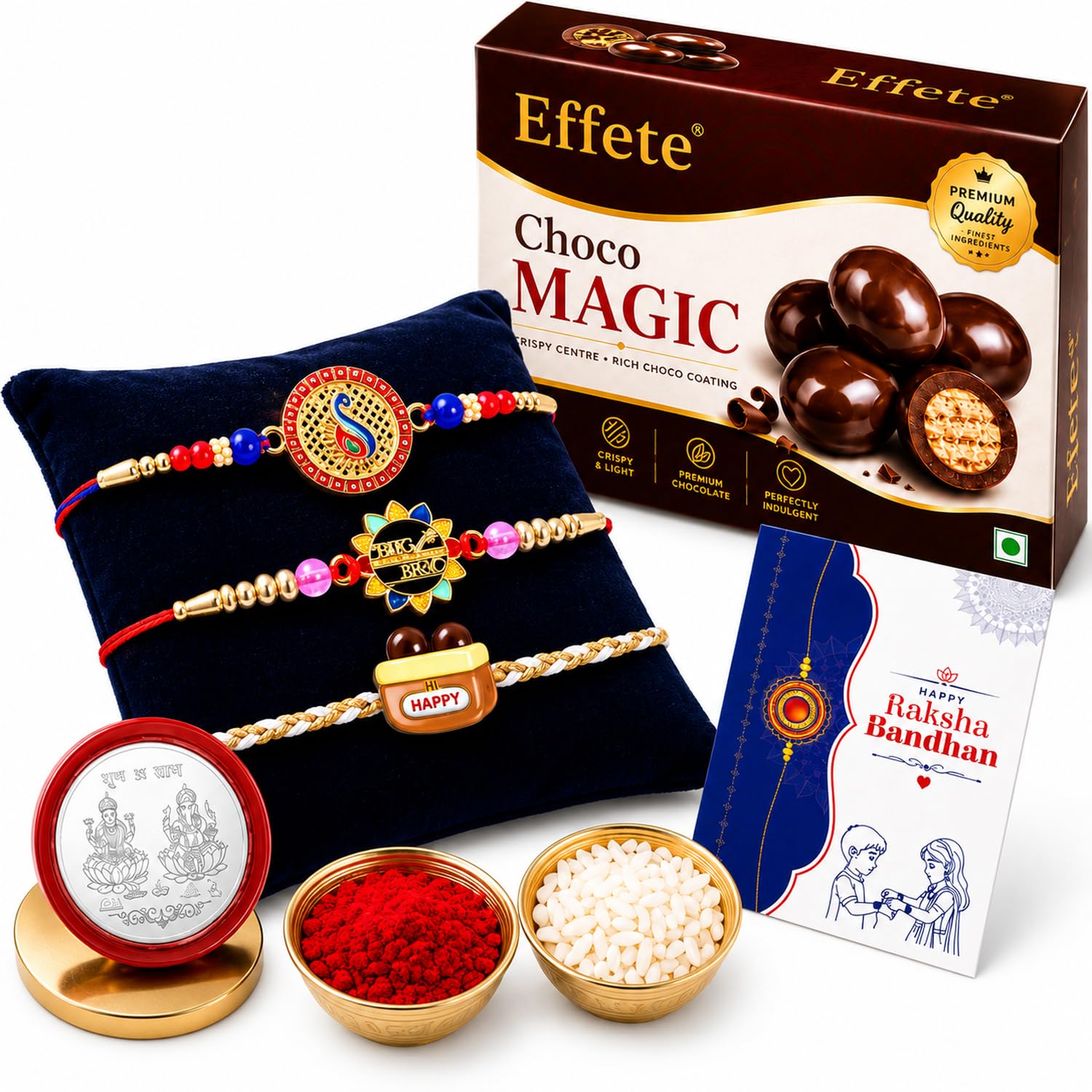 Happy Rakhi for Brother with Chocolate Magic 96gm, Roli Tikka & Card, Pack of 7