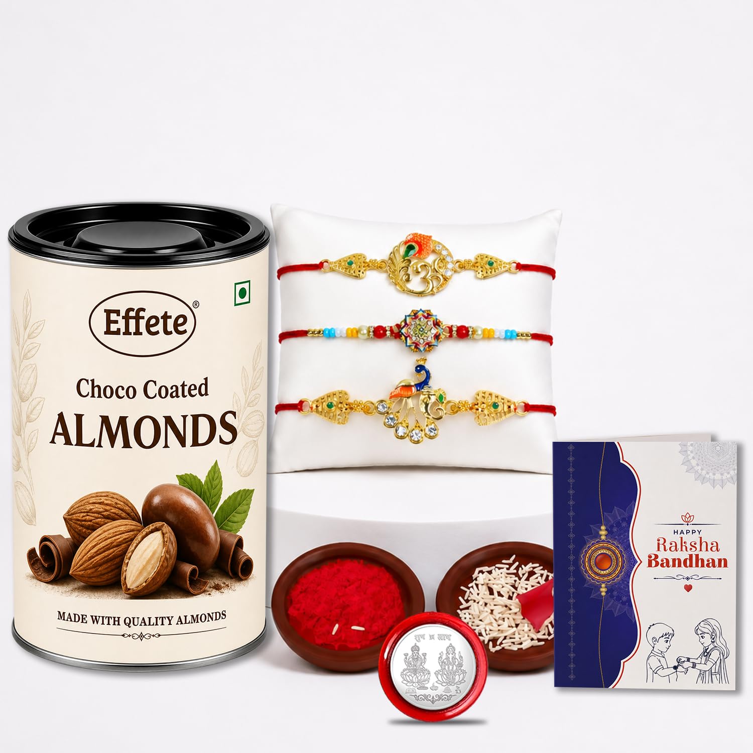 Rakhi with Chocolate for Brother (Set of 7) – Raksha Bandhan Festival Celebration Pack with OM, Flower & Peacock Design Rakhi, Chocolate, Roli Chawal, Silver Color Pooja Coin & Greeting Card