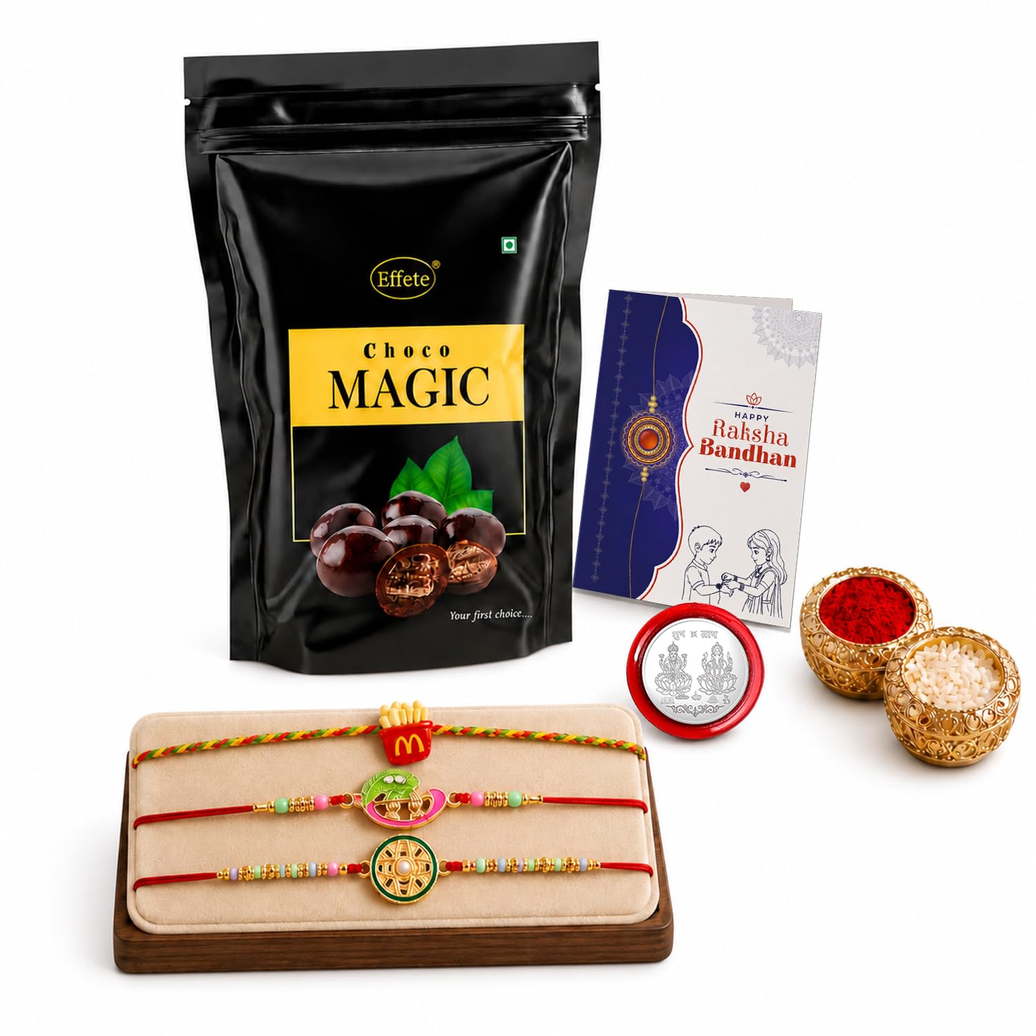 Rakhi with Chocolate for Brother (Set of 7) – Raksha Bandhan Festival Celebration Combo with Bansuri, Food & Round Shape Rakhi, Chocolate, Roli Chawal, Silver Color Pooja Coin & Greeting Card