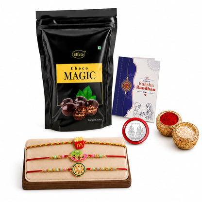 Rakhi with Chocolate for Brother (Set of 7) – Raksha Bandhan Festival Celebration Combo with Bansuri, Food & Round Shape Rakhi, Chocolate, Roli Chawal, Silver Color Pooja Coin & Greeting Card