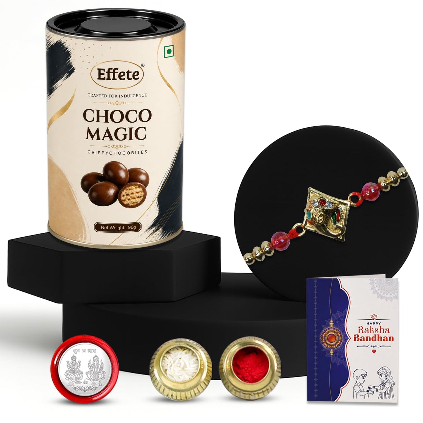 Ganesh Ji Rakhi for Brother with Choco Magic 96gm, Roli Chawal & Card, Pack of 5