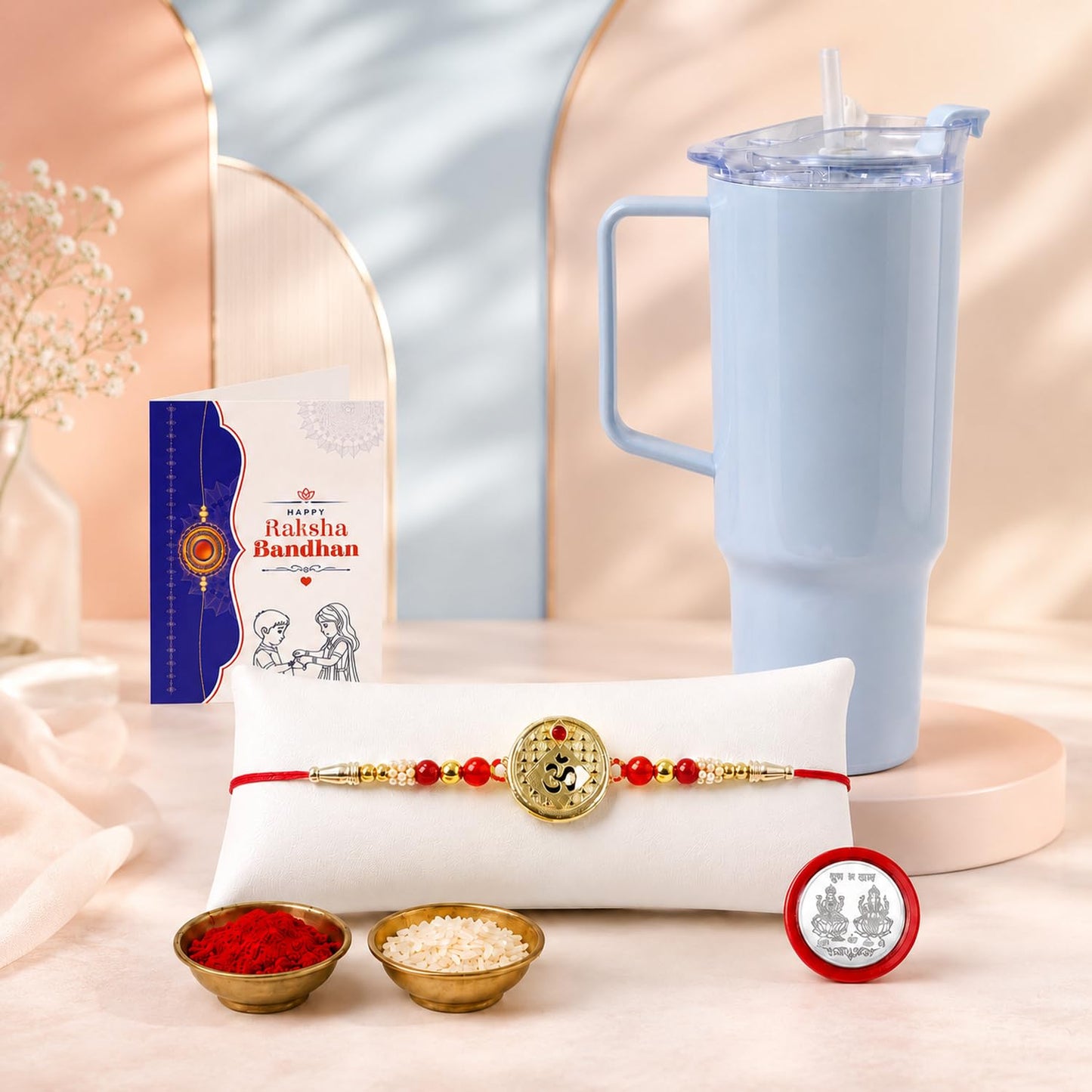 Om Multicolor Rakhi for Brother & Bhaiya with Travel Tumbler-1800ml | Pack of 5