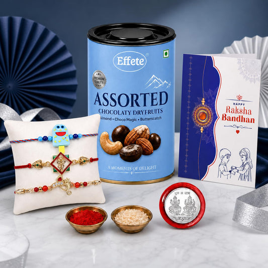 Rakhi with Chocolate for Brother (Set of 7), Raksha Bandhan Festival Celebrations with Ice Cream, OM & Square Shape Rakhi