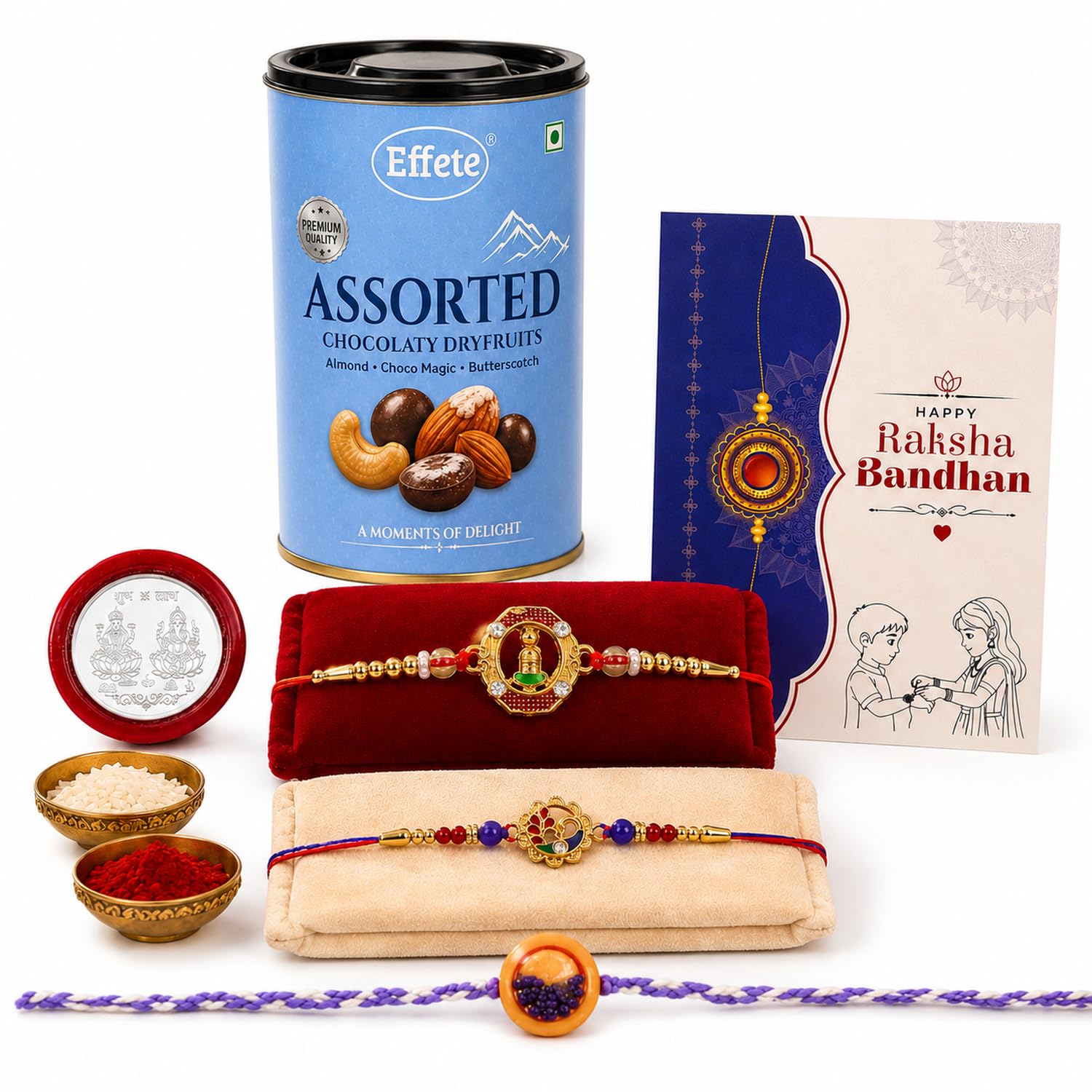 Rakhi with Chocolate for Brother (Set of 7) – Raksha Bandhan Festival Celebration Set with Golden Color, Shivling & Food Shape Rakhi, Chocolate, Roli Chawal, Silver Color Coin & Greeting Card