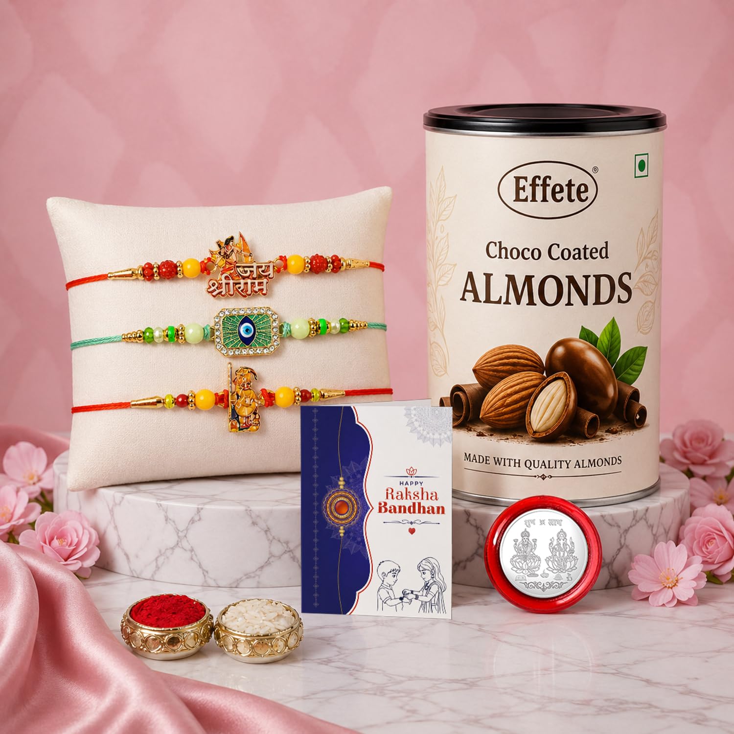 Shri Ram, Ganesha Rakhi Combo - Raksha Bandhan Gift with Choco Almonds 96gm, Pack of 7