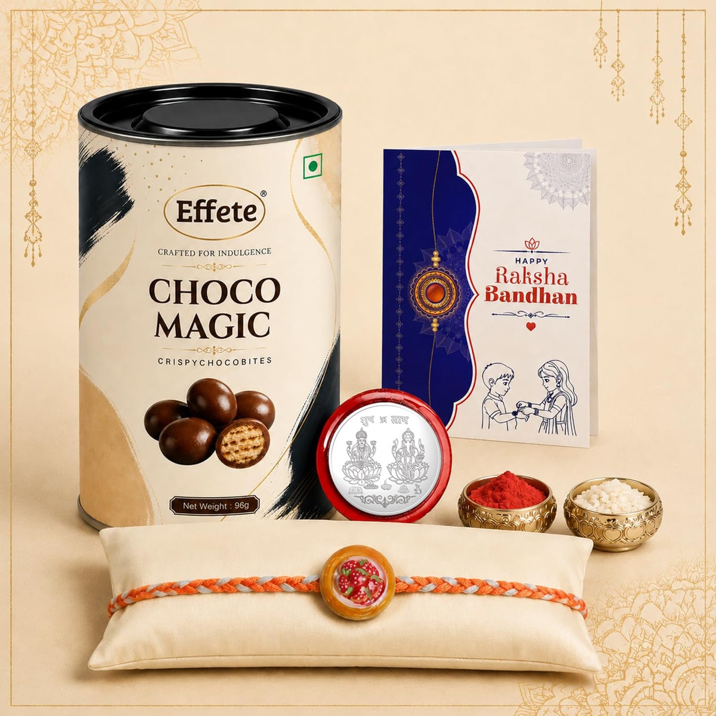 Rakhi with Chocolate for Brother (Set of 5) – Raksha Bandhan Festival Celebration Combo for Bro with Sweet Food Design Rakhi, Chocolate, Roli Chawal, Silver Color Pooja Coin & Greeting Card