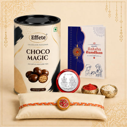 Rakhi with Chocolate for Brother (Set of 5) – Raksha Bandhan Festival Celebration Combo for Bro with Sweet Food Design Rakhi, Chocolate, Roli Chawal, Silver Color Pooja Coin & Greeting Card