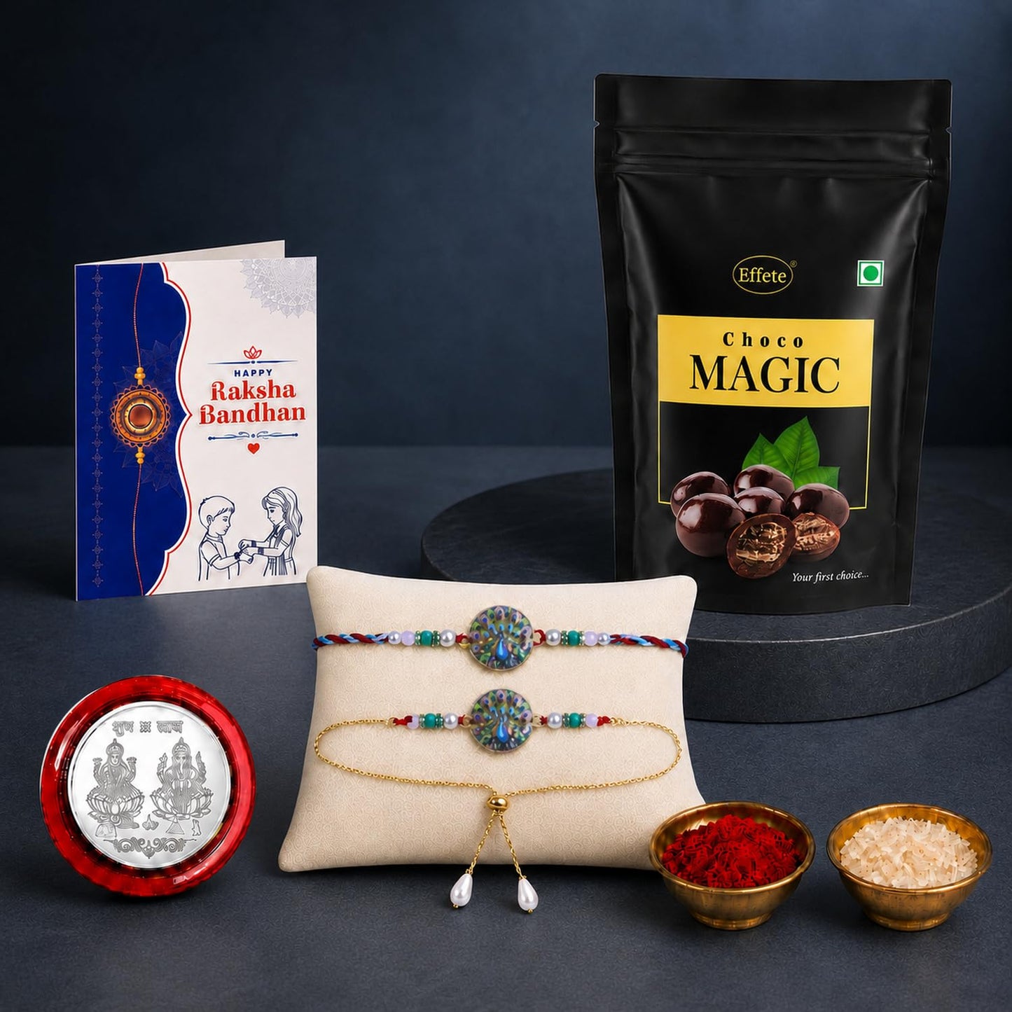 Designer Rakhi for Brother with Choco Magic Pouch, Roli Tikka, Pack of 5 | Ethnic