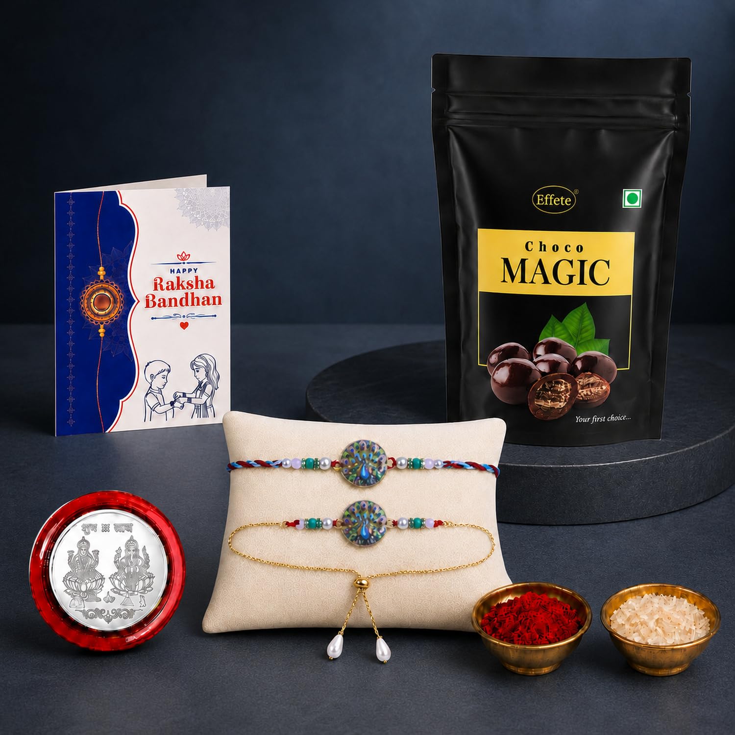 Designer Rakhi for Brother with Choco Magic Pouch, Roli Tikka, Pack of 5 | Ethnic